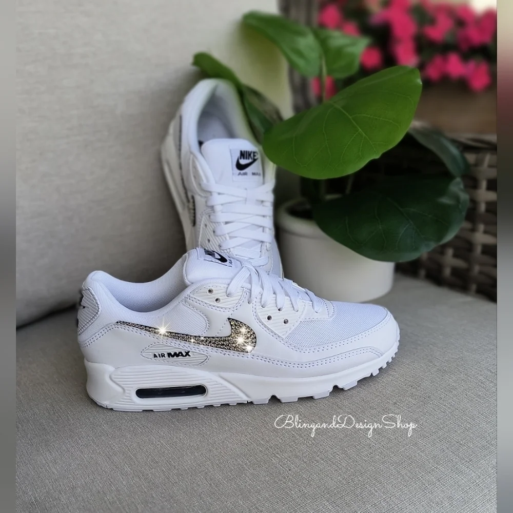 Women's Bling Nike Air Max 90 White Sneakers Shoes made with Swarovski C… - Picture 3 of 5